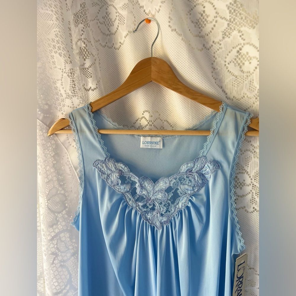 Vintage Lorraine Blue Nylon Nightgown Deadstock Lace Trim Sleeveless Lingerie - Picture 4 of 10